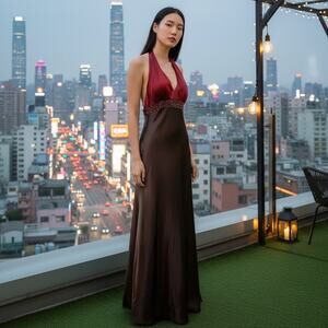 JS Boutique Vintage Gown Halter Red top, brown skirt with sequin detail size 12